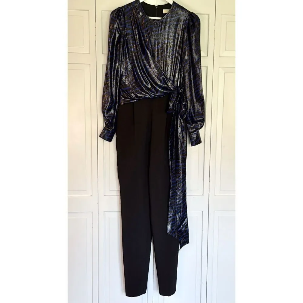 Michael Kors blue animal metallic tie waist jumpsuit 2